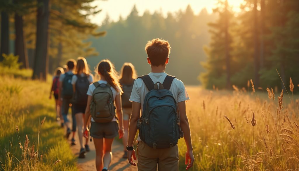 Teenagers hike on forest path, wearing backpacks for outdoor adventure. Youth explore nature, enjoy summer camp activities walk among trees and tall grass in sunlight.