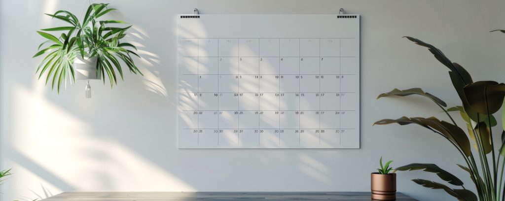 Wall calendar mockup with a customizable design, great for showcasing your calendar designs. Hyperrealistic 4K photo.